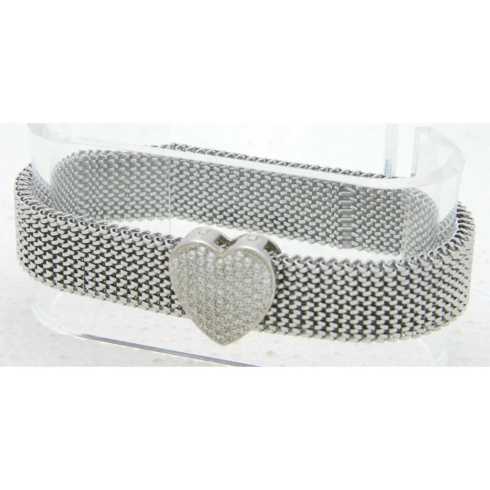 Silver Plated Clear Cubic Zirconia Rhinestone Heart Metal Bracelet Vintage